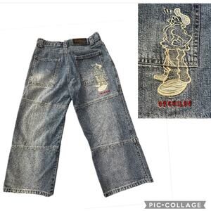 Vintage 90s Y2K Baggy SOHK Style Embroidered Blue Denim Crop Jeans Size 28